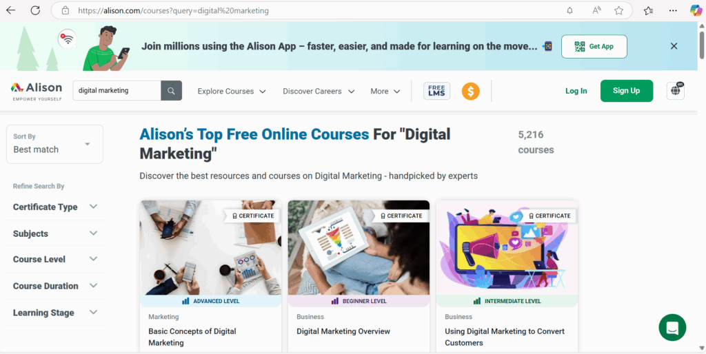 The digital marketing page on the alison website